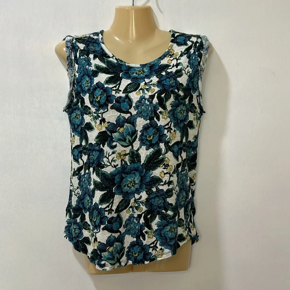 LOFT WOMEN 100% LINEN BLOUSE BLUE FLORAL SLEEVELESS SIZE SMALL - Picture 1 of 10